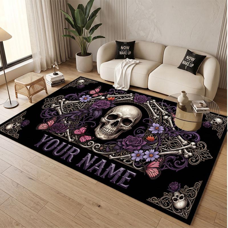 Skull Gothic Theme Soft Crystal Velvet Rug Custom Name & Text Print Non Slip Floor Rug for Bedroom Living Room