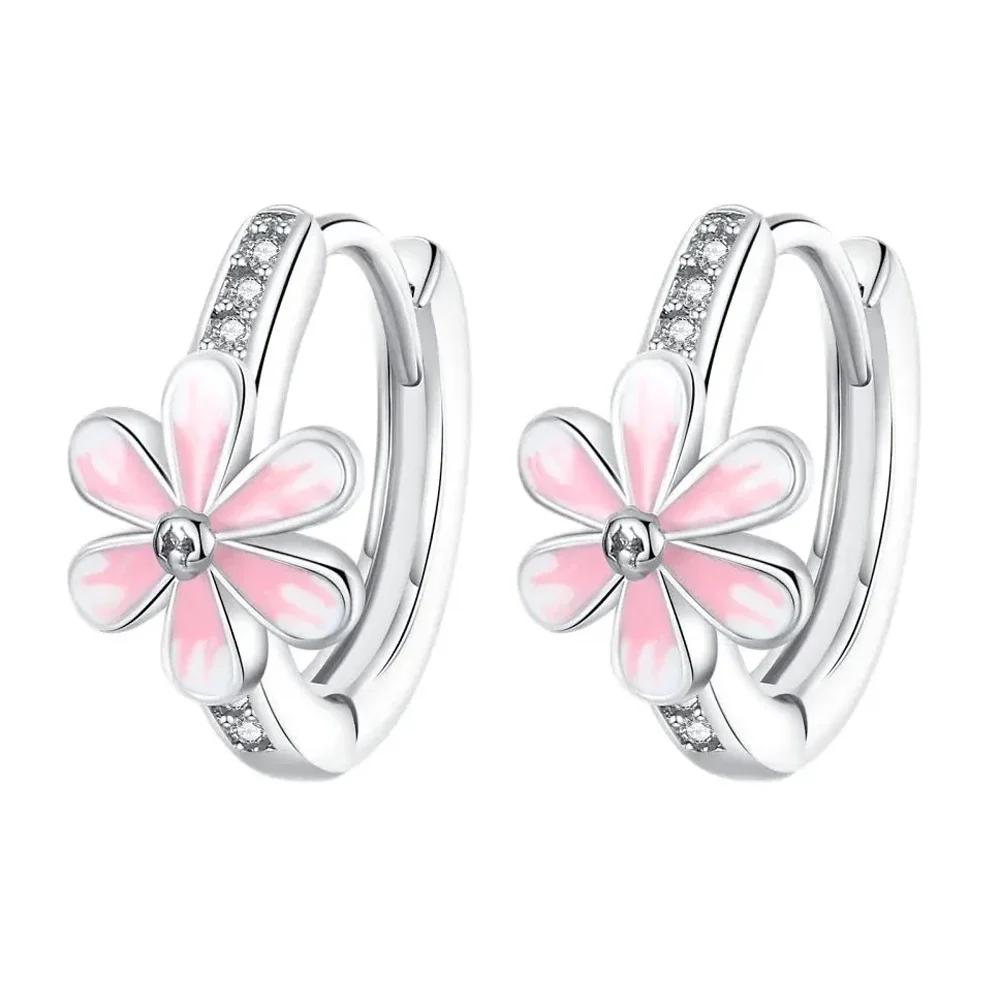 925 Silver Earrings Women Jewelry Butterfly Flower Pink Flowers Zircon Hoop Ear Studs Sparkling Earring Wedding Gift