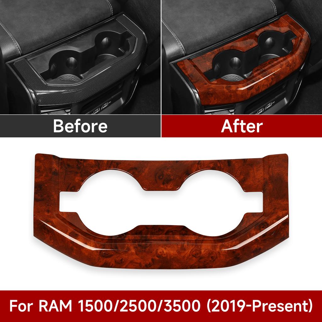 For Dodge RAM 1500 2500 3500 2019-2026.Car Center Armrest Rear Cup Holder Panel.Wood Grain Interior Sticker.ABS Accessories. WW7