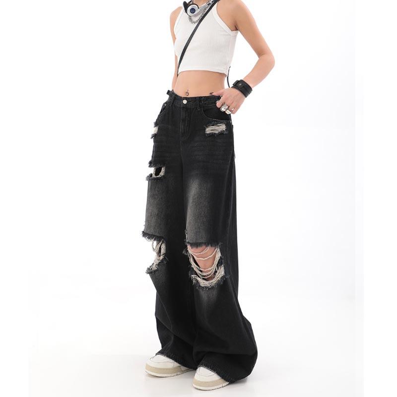 Women's Spring and Summer Broken Jeans Straight Loose Wide-leg Pants