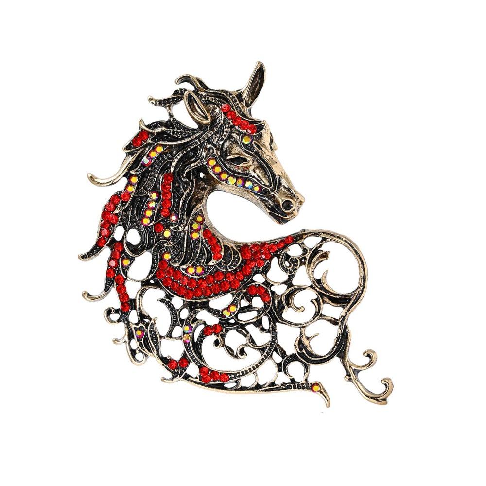 Vintage Rhinestone Horse Head Brooches Casual Metal Badge Pin Zodiac Animal Pins for Women