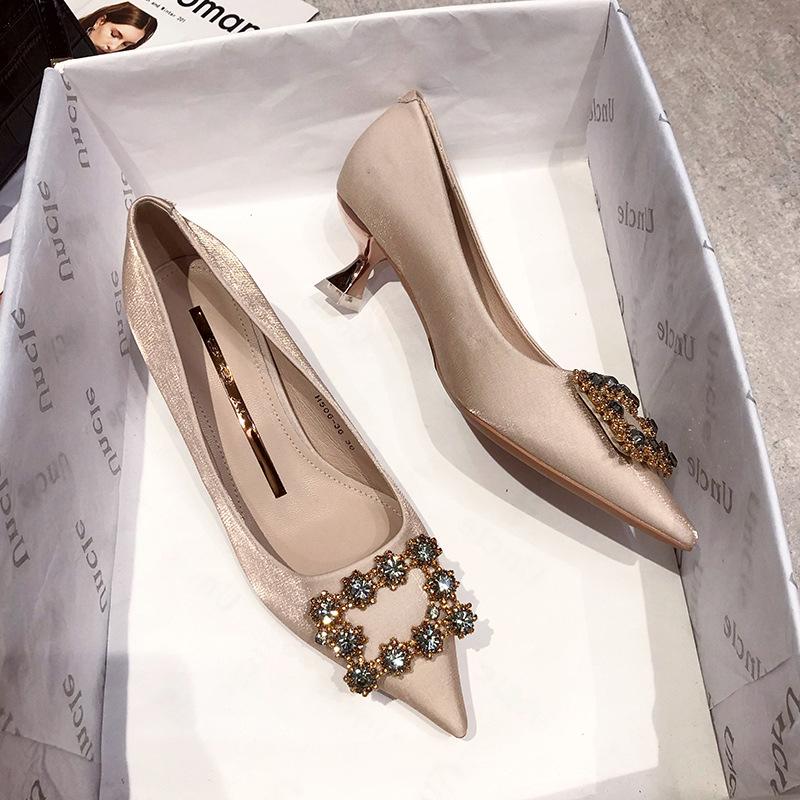 Fashion Black High-heeled Shoes Professional Women Pointed Medium Thin Heel 5cm Rhinestone Single Shoes Summer Versatile Wedding Shoes