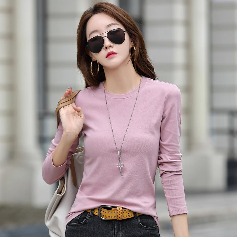 Весна 2024, однотонная тонкая футболка с круглым вырезом и длинными рукавами, женский нижний топ