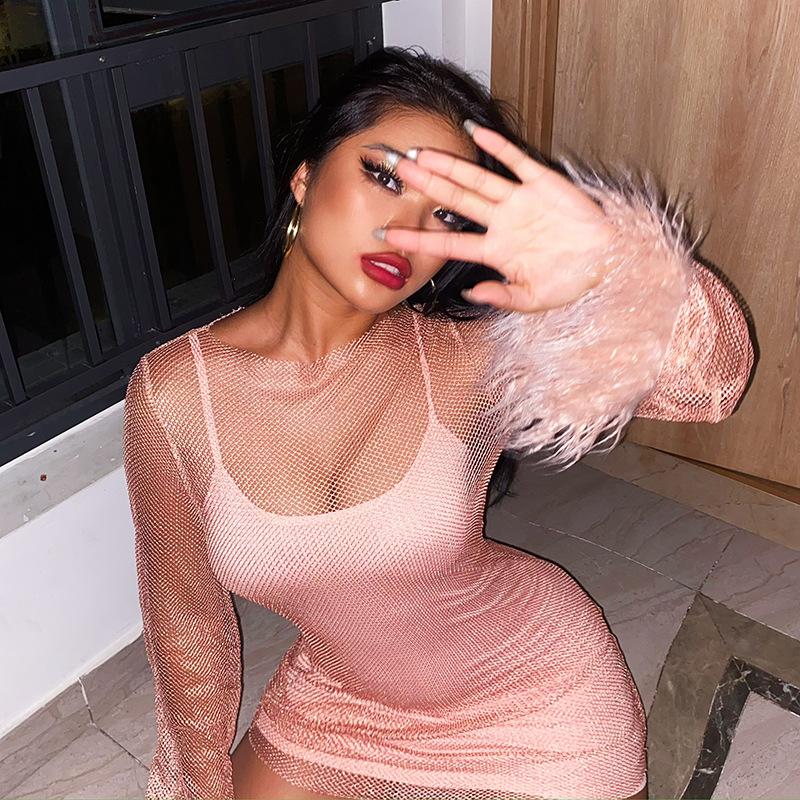 Knitted Round Neck Mesh Long Sleeve Hip Wrap Dress Autumn New Women's Fashion Sexy Dress