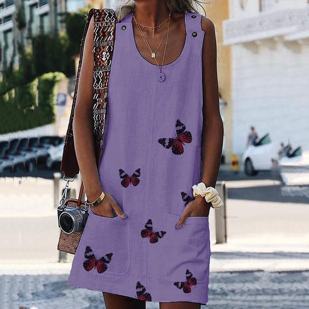 Sleeveless Butterfly Clasp Shoulder Women Print Cotton And Linen Dress