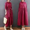 Women's Cotton and Linen Loose Fitting Plaid Mid Length Dress