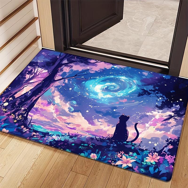 1pc, JIT Flannel Thickness 0.47inch, Starry Night Sky Cat Print, Non-Slip Absorbent Mat, Washable Entryway Kitchen Living Room B