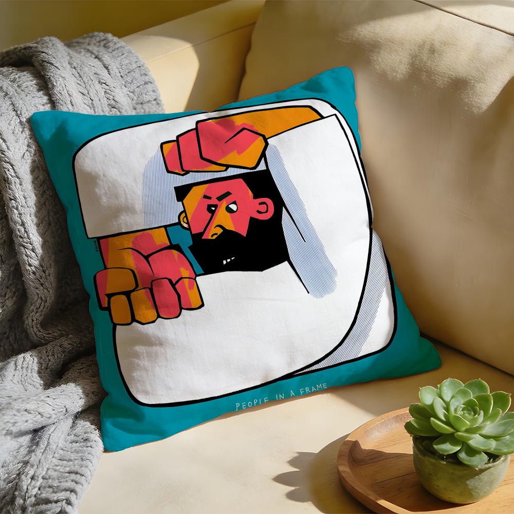 Cushion Cover Washed Linen Soft Breathable Decorative Case Home Pillow cover People living in a frame Creative and interesting