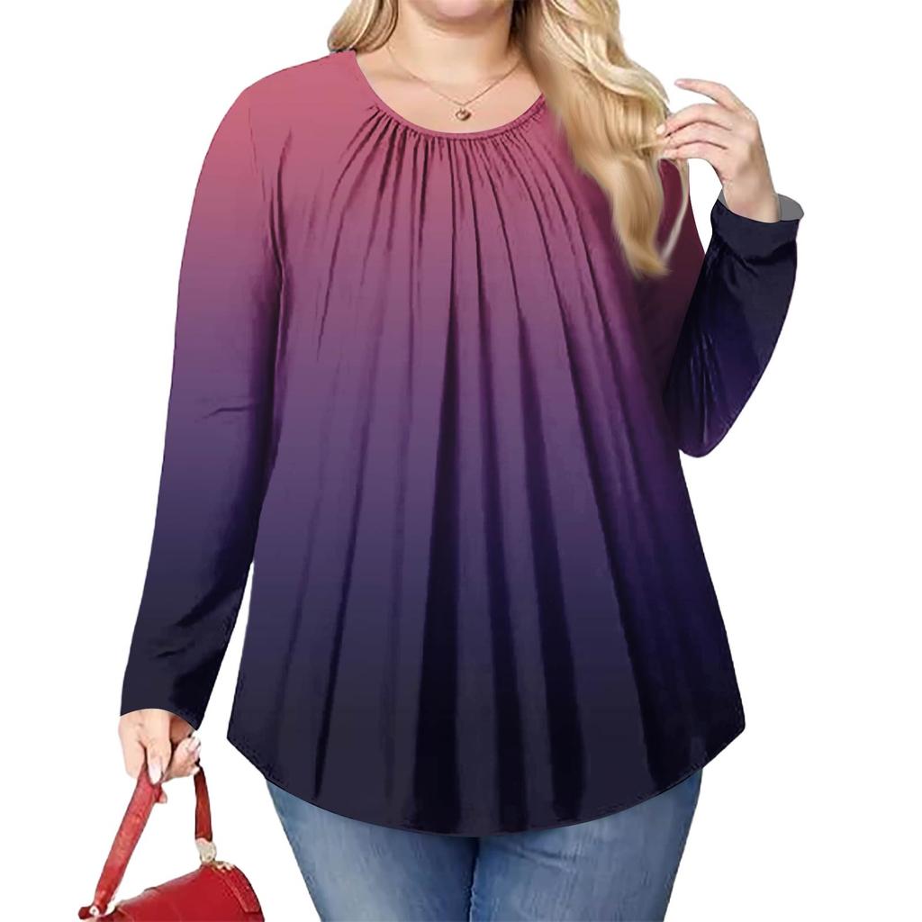 Женский модный топ большого размера с принтом, повседневный плиссированный, с круглым вырезом и длинными рукавами