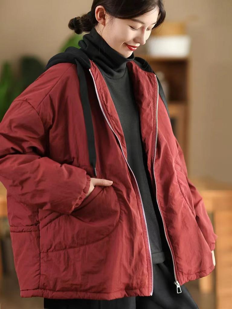 Johnature Женские винтажные зимние куртки с капюшоном на молнии однотонные с длинным рукавом и карманами повседневные