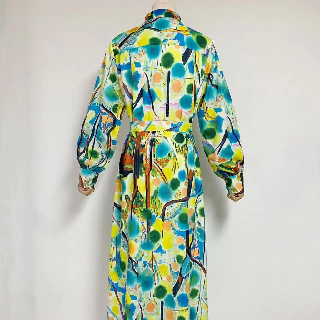 Elegant Long Tie-Waist Dress with Lapel and Lantern Sleeves for Women - Autumn 2023