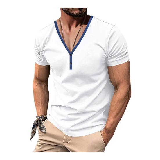 Men Summer T-shirt Short Sleeves Buttoned V Neck Contrasting Color Slim Fit Casual Pullover Mid Length Top for Outdoor Sport