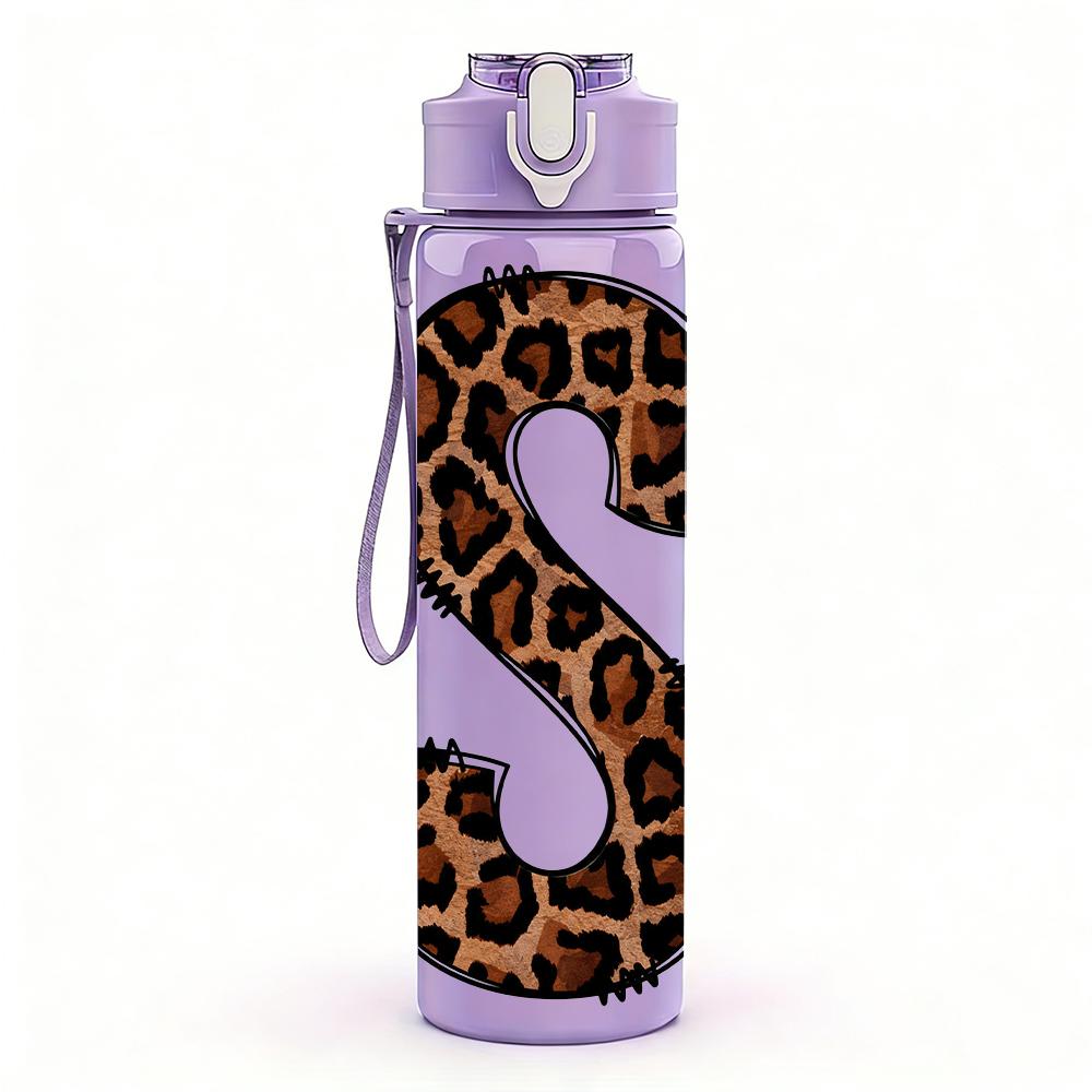 1PC Leopard Print Letter S Monogram 750ml Color Plastic Sports Water Bottle Leakproof Flip Straw Lid Suitable for Sports Office Home Use
