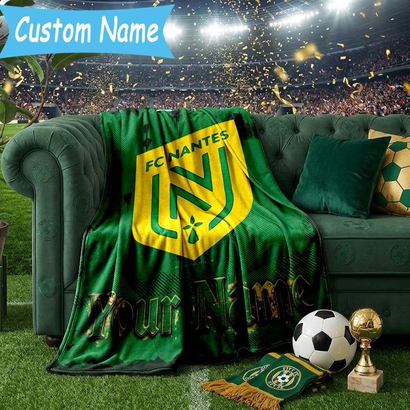 Custom Name Fc Nantes Crest Design Flannel Blanket, Use for Birthday/Holiday Gift, Soft Blanket for Sofa/Bed/Camping/Office, Home Decor