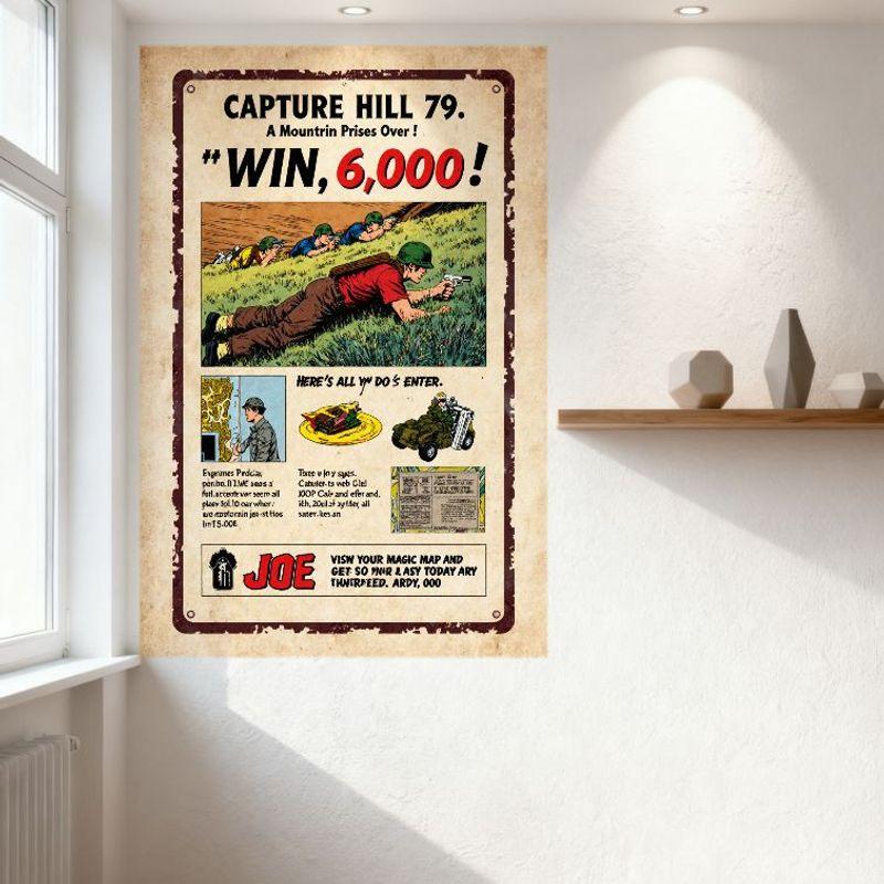 Винтажная жестяная вывеска для военного призыва, комикс-панель, ЗАХВАТ ХОЛМА 79, Бежевый, Красная рамка, Солдат, Лежа, Винтовка, Ползком, Военная пропаганда