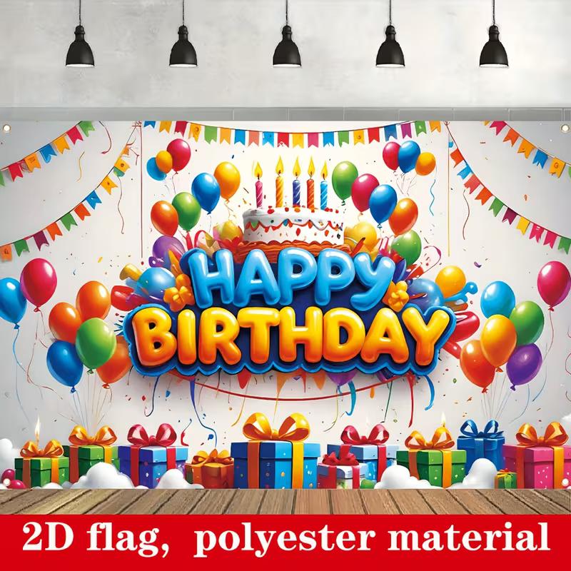 2D Polyester Kids Birthday Backdrop with Rainbow Balloon & Gift Box