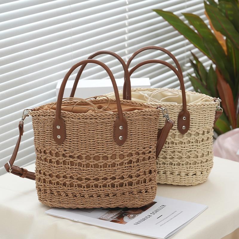 Woven Straw Tote Bag Hollow Out Shoulder Bag Women Beach Basket Purse Summer Handbag