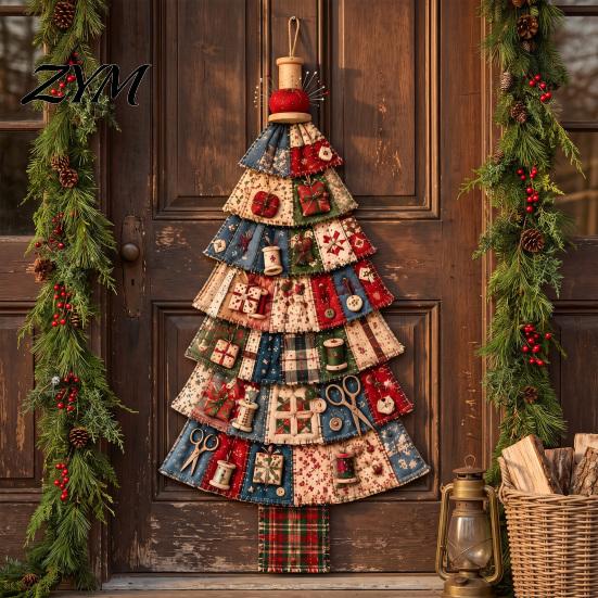 Layered Cloth Festive Entryway Sign Christmas Handmade Door Hanging Kit, Patchwork Tree Decoration DIY Sewing Textured Fabric Wall Set, Rustic