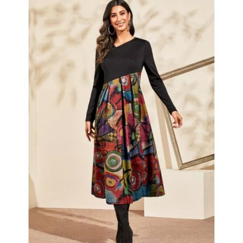 YYFS Женская мода весна осень длинные рукава V-образный вырез высокая талия повседневные платья