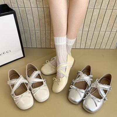 Туфли Мэри Джейн из французского кружева с бантом, женские, из маленькой кожи, лето 2025, новые, с юбкой, балетки на плоской подошве