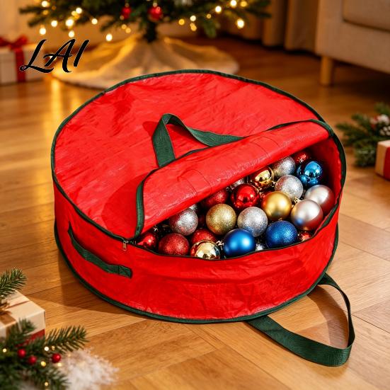 Wreath Storage Container Round Garland Bag with Reinforced Handles Waterproof PE Fabric Dustproof Seasonal Decor Organizer Zipper Closure