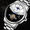 Men's Moon Phase Tourbillon Watch Luxury Self-wind Mechanical Automatic Waterproof Retro Watches Stainless Steel Band Wristwatch