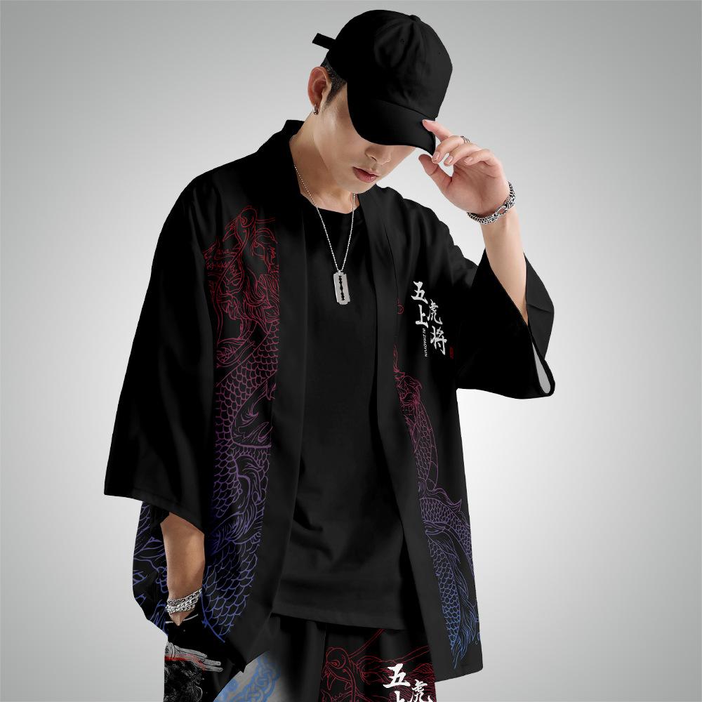 Кимоно-кардиган с принтом китайского аниме, мужской традиционный японский повседневный свободный тонкий комплект из пальто и брюк, азиатская одежда Harajuku