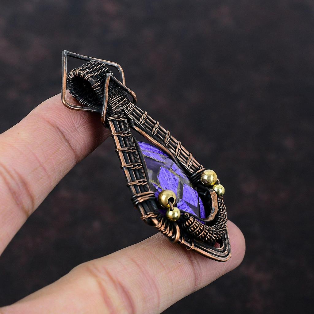 Медный кулон с чароитом, медная проволока, кулон, ювелирные изделия ручной работы, новый кулон, кулон с драгоценным камнем, медная проволока, ювелирные изделия, подарок на годовщину