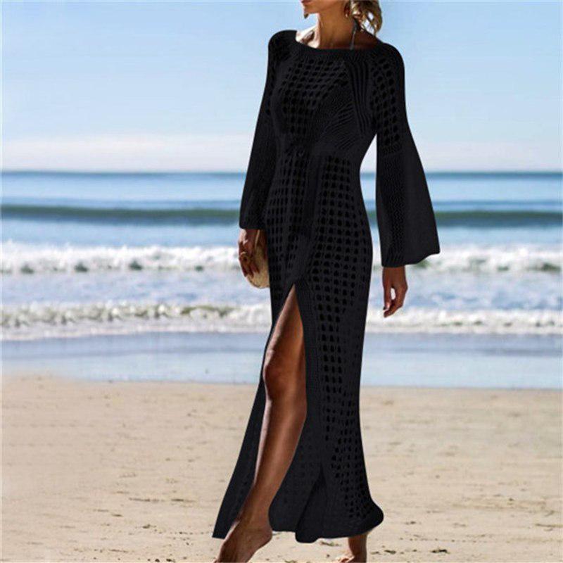 Сексуальное ажурное однотонное белое пляжное платье-туника женское летнее пляжное платье с расклешенной юбкой