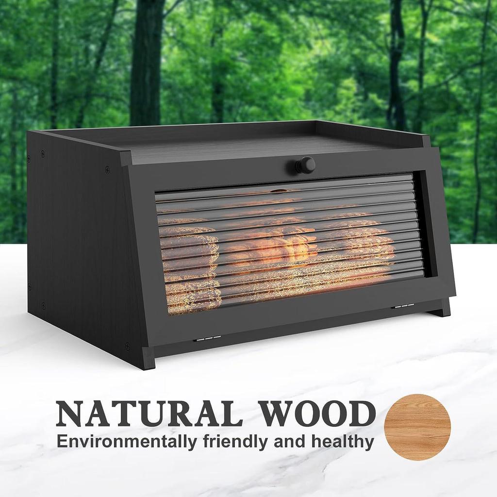 Wooden Bamboo Bread Box with Lid - Kitchen Storage for Bread, Pastry, and Fruits