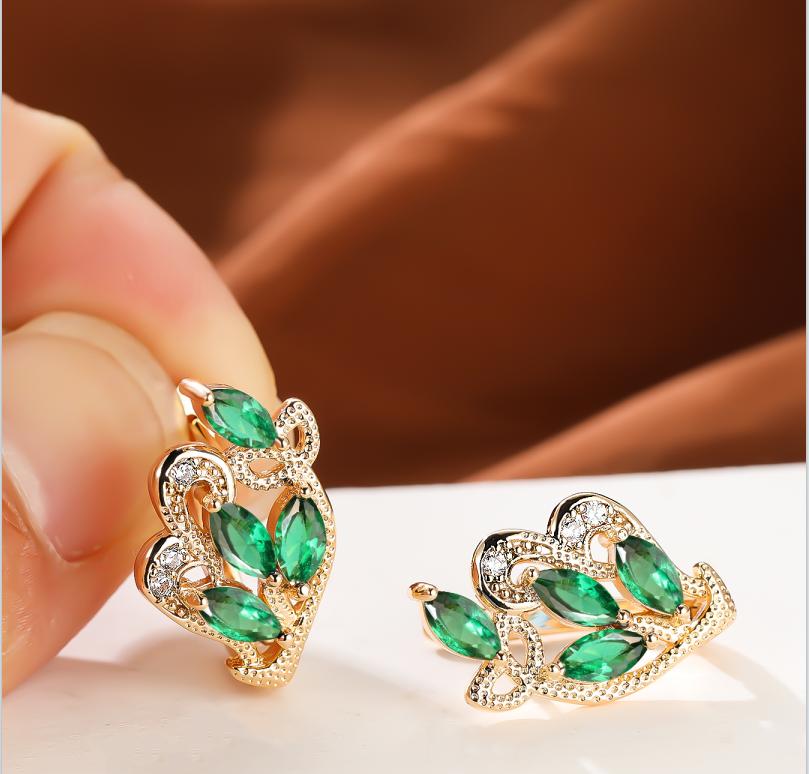 1 пара серег золотого цвета с радужным камнем и цветочным узором в виде листьев, красные, желтые, синие, зеленые, висячие полые серьги с камнями