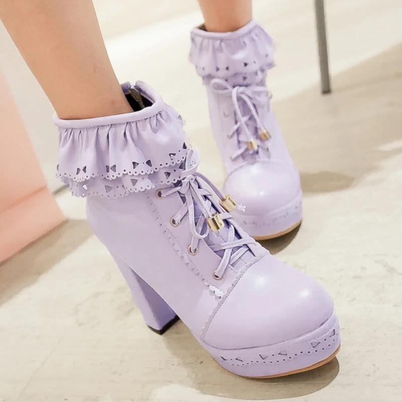 Осенне-зимние женские ботильоны на платформе, белые, черные, розовые, милые короткие ботинки, на шнуровке, туфли в стиле Лолиты для девочек, большой размер 45