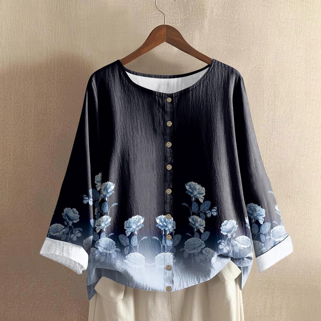 Женский повседневный топ с длинным рукавом и круглым вырезом, из хлопка и льна, с принтом в стиле ретро с градиентом