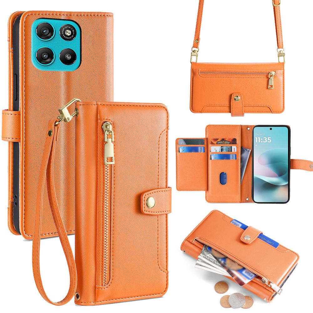For Motorola Moto G67 Power 5G Leather Case Zipper Pocket Wallet Phone Cover with 2 Straps