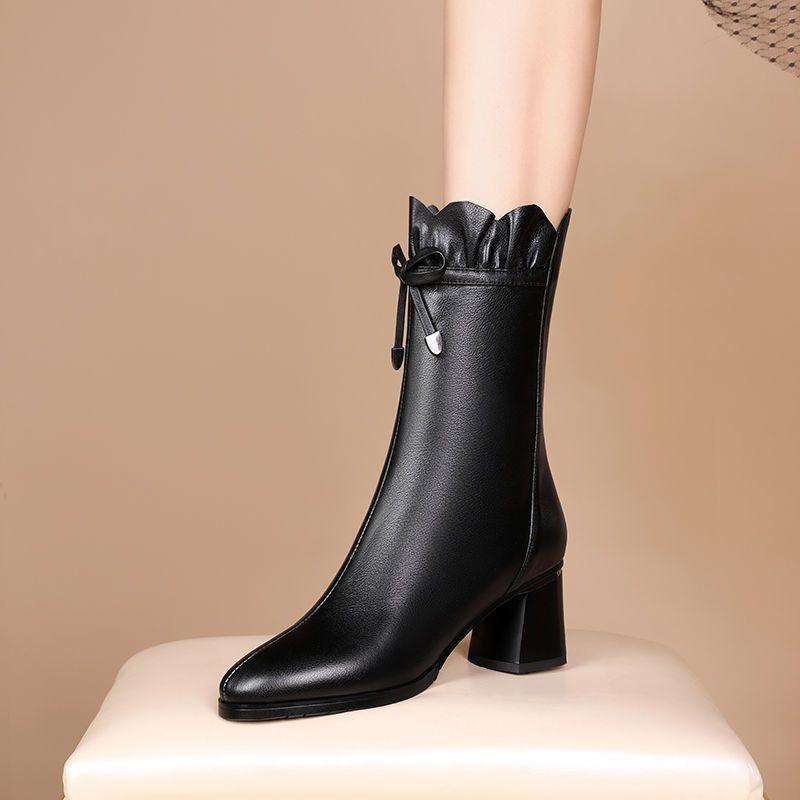 Fashion Half High Boots for Women Middle Heel Pointed Toe White Leather Mid Calf Shoes Woman Quality Y2k Trend 2024 Winter Novelty Sale