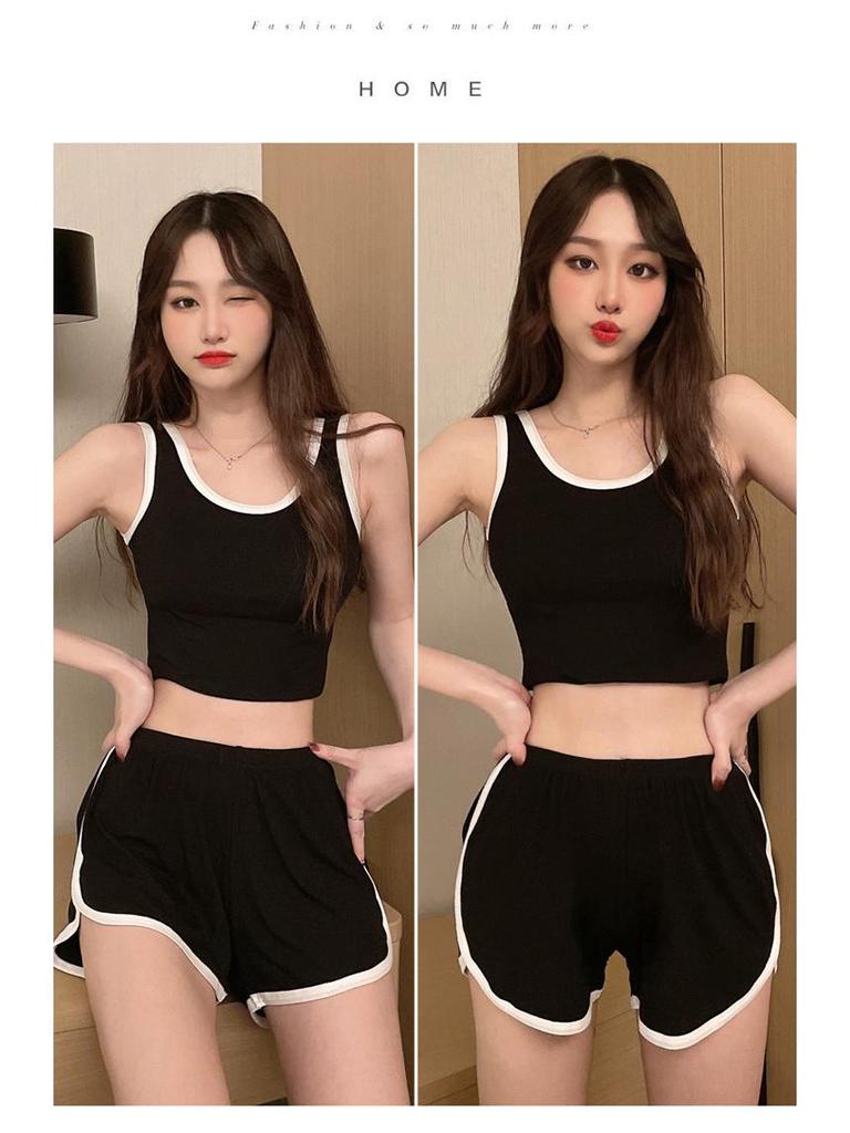 Летний женский пижамный комплект в корейском стиле: Жилет и шорты из модала с нагрудными накладками, подходят для ношения в помещении и на открытом воздухе