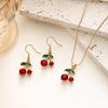 Red Cherry & Green Leaf Pendant Necklace and Clavicle Chain Earring Set for Women