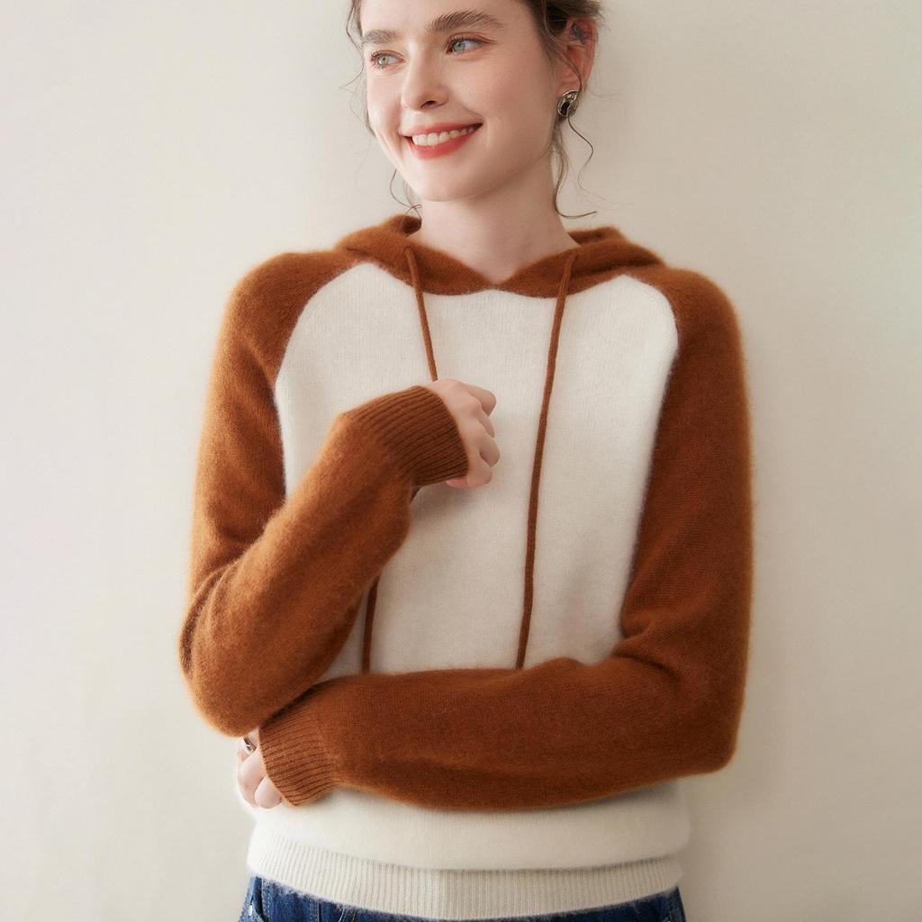 Women's High-End Color Block Hooded Cashmere Sweater - Loose, Thick, Raglan Sleeve Knitwear for Autumn/Winter Outerwear