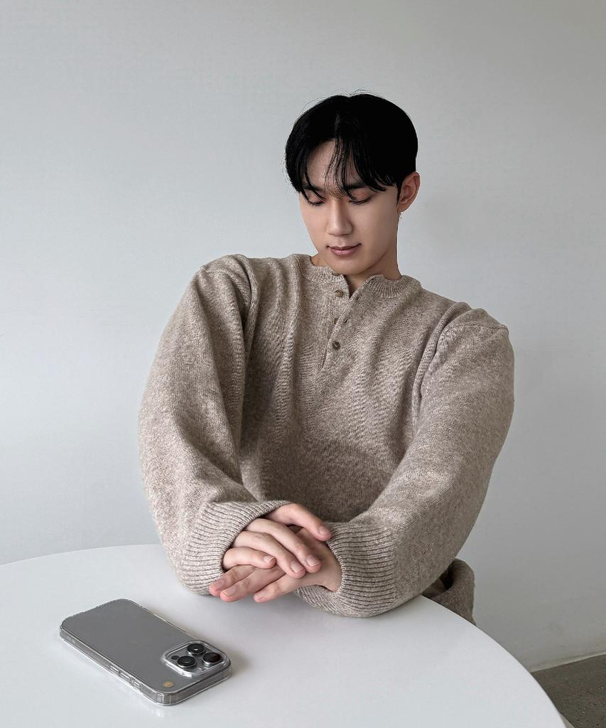 POLYGRAM Soft Wool Blend Henley Neck Knit - Oatbeige