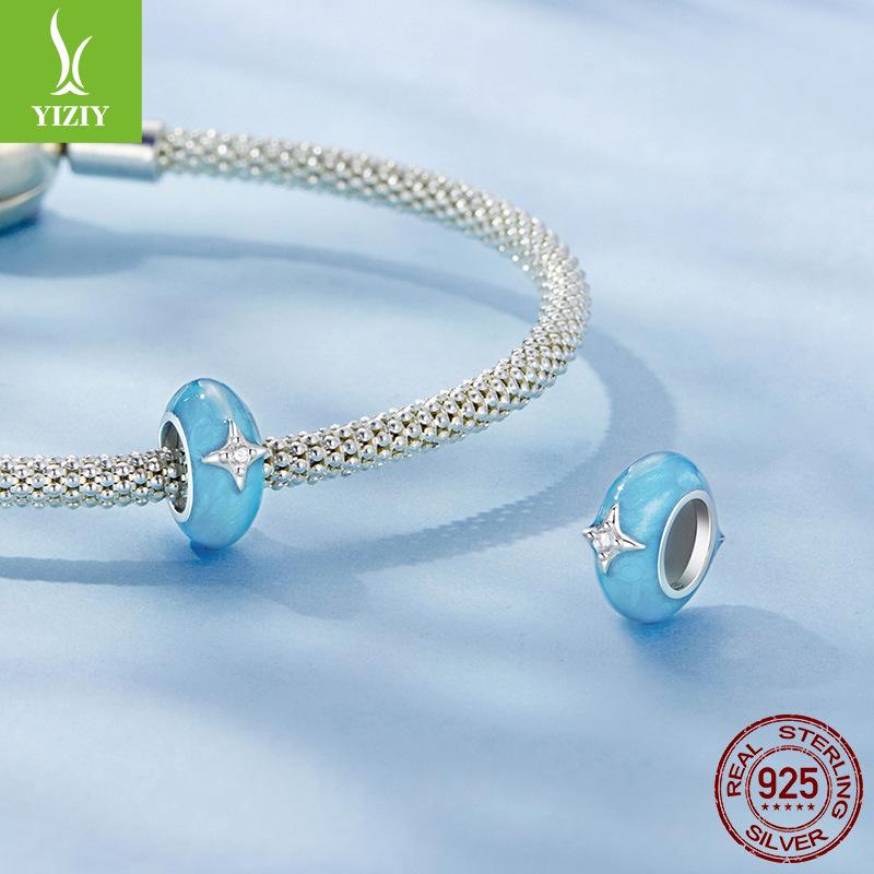 New 925 Sterling Silver Blue Dripping Oil Dream Galaxy Silicone Bead Diy Bracelet Beaded Accessories