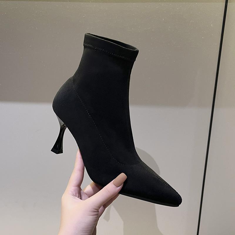Модные женские ботинки на высоком каблуке 7 см, новые осенне-зимние, европейские и американские, с острым носком, на тонком каблуке, тонкие ботильоны, замшевые эластичные ботинки-носки