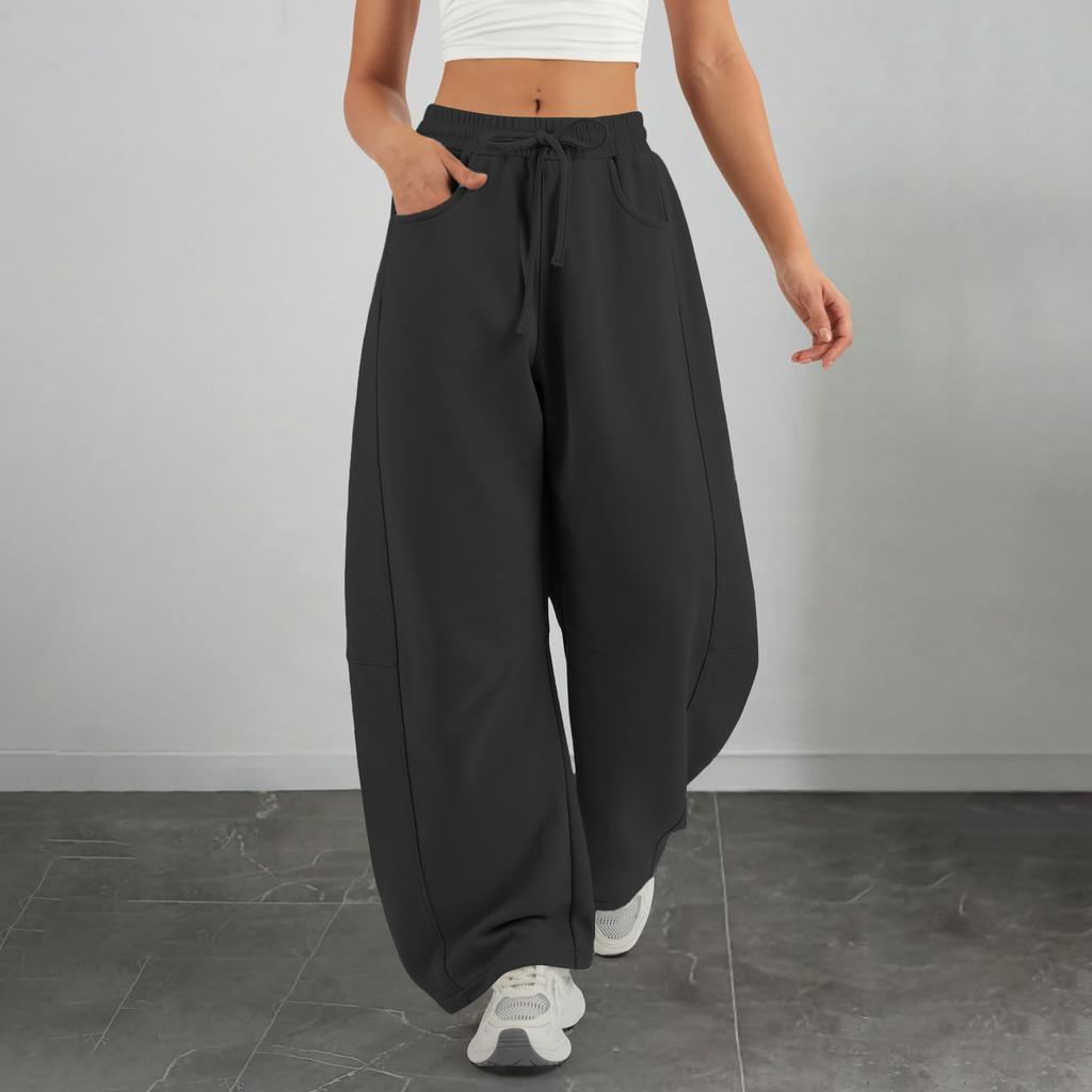 Women's Barrel Leg Sweatpant Drawstring Elastic Waisted Wide Leg Pants Casual Cotton Palazzo Trousers With Pockets