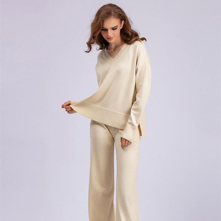 Осенне-зимний вязаный свитер, женский свободный джемпер с V-образным вырезом, брюки, комплекты из двух предметов