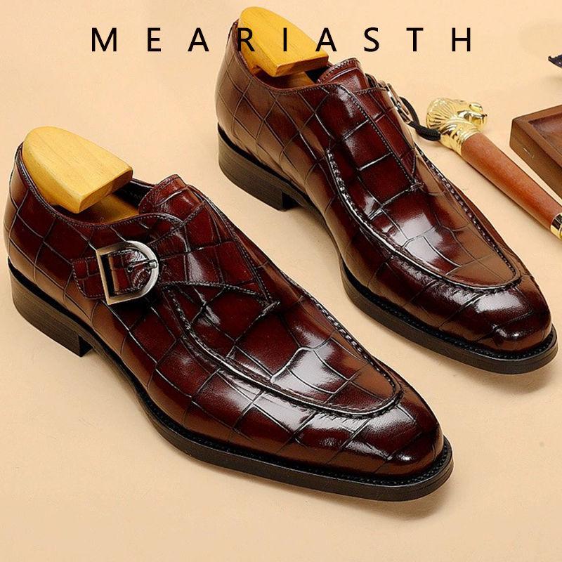 Men's Formal Leather Monk Shoes - European & American Style, Alligator Pattern, Square Toe, Retro Handmade