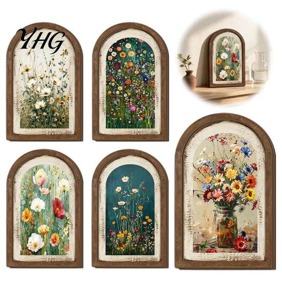 Vintage Aesthetic Wall Decor Arched Wooden Framed Art, Farmhouse Wildflower Oil Painting Prints, Solid Wood Picture Frame Ornament for Living