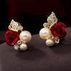 Красная роза Кубический цирконий Искусственный жемчуг Сплав Серьги-пусеты Серьги-подвески Ювелирное изделие Подарок AVE