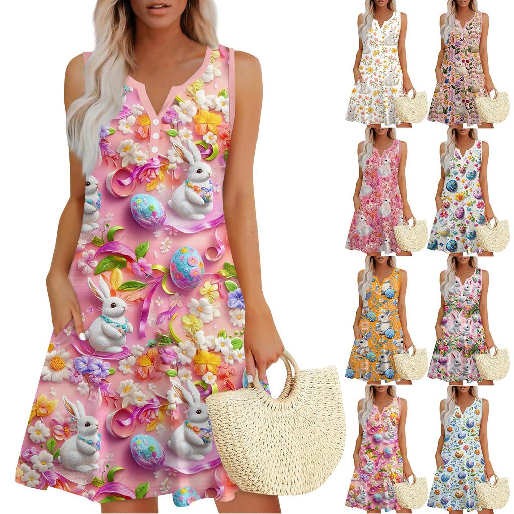 Women's Casual Easter Print V-Neck Button Side Pocket Vest Dress