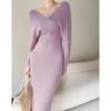 Knitted Sweater Dress Women Autumn Winter V-neck With Long Slim Knit Dresses Female High Waist Elegant Evening Party Dress