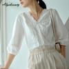 Korean Style Summer Women White Blouse V Neck Lace Patchwork Office Lady Shirt Puff Sleeve Elegant Feminine Chic Ladies' Blouse