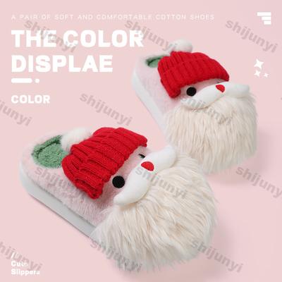 Женские рождественские хлопковые тапочки Зимние милые мультяшные Толстая подошва Нескользящие Теплые плюшевые туфли Женские домашние комнатные Пушистые шлепанцы